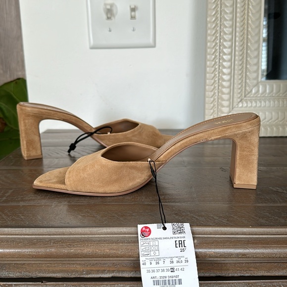 ZARA SUEDE BLOCK HEEL SLIDES HEELS MULES 9 40 TAN BROWN TAUPE 2329/310 - Picture 12 of 14